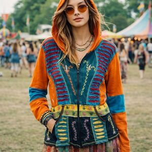 Boho Razor Cut Patchwork Hoodie Nepal Zip Jacket Hippie Festival Womens XL